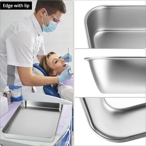 Stainless Steel Tool Organizer Trays Set With One Large Flat-Bottom Tray And Three Small Rust-Resistant Service Trays, Built For Tools, Fasteners, Bits And Small Parts In Your Garage Workshop Pro Grade Organization in dental setting with close-up details.