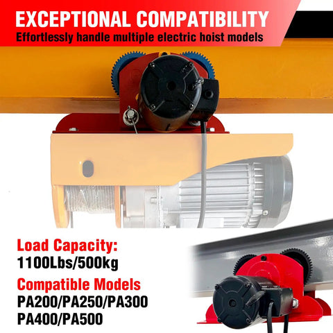 Close-up of heavy duty electric trolley for power hoist 1100 lbs on 2.68 to 4.33 in I beam fits PA200 to PA500 hoists.