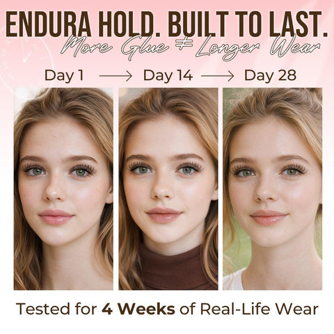 Woman showcasing Beast Mode Strong Hold Lash Cluster Glue For Up To 4 Weeks, day 1 to day 28, demonstrating durability.