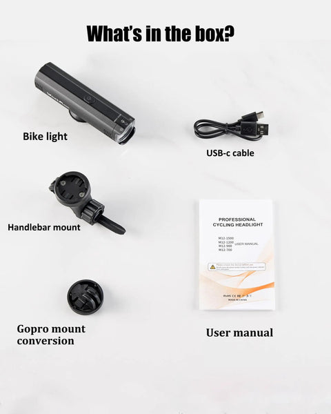 Ultra Bright Front Bike Light For Night Riding 1500 Lumens Rechargeable Bicycle Headlight With Aluminum Alloy Body IP66 Waterproof Anti Glare box contents
