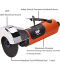 3 Inch Air Cut Off Tool Pneumatic Metal Cutter with 3 Inch Wheel for sheet metal and plastic, side view showing safety switch and guard