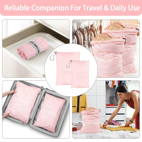Collage of Two Pack Travel Laundry Bags Wet Dry Organizer with washing machines and suitcase display