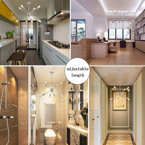 Modern Sputnik Chandelier Light Fixture Chrome Finish Eight Light Ceiling Lamp in various room settings for ambient illumination