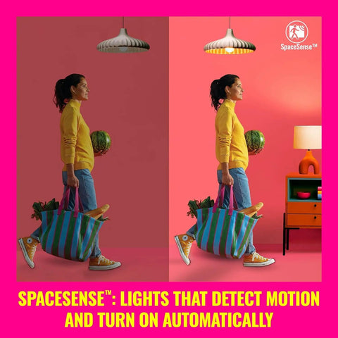 Woman walking with grocery bag under Spacesense lights that detect motion, illuminating her path automatically in a split-scene view.