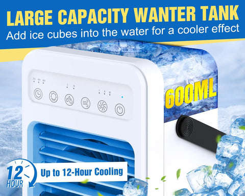 4 In 1 Portable Air Conditioner Fan With Touch Screen Evaporative Cooler 600ml water tank with ice cubes for cooling effect
