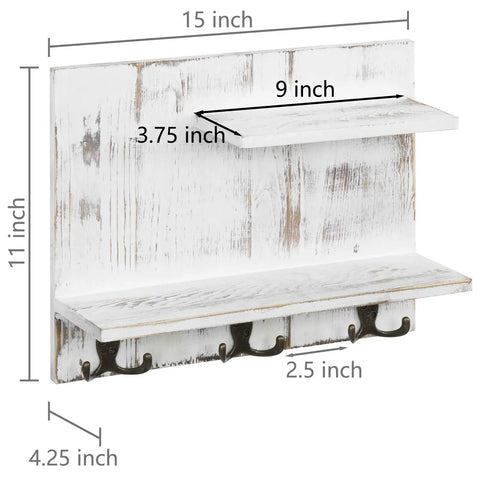 Two Tier Wall Mounted Floating Shelf In Whitewashed Solid Wood With Six Antique Brass Hooks For Towels And Accessories