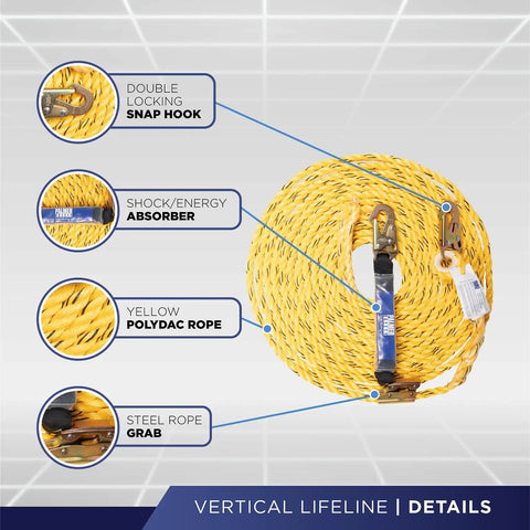 Roofer Ready Roof Harness Safety Kit With 50 Ft Vertical Lifeline, showing components like snap hook, absorber, and polydac rope.