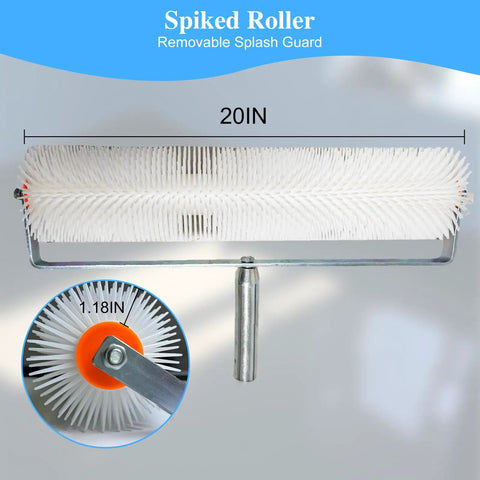 20 Inch Spiked Roller Kit With Adjustable Handle for epoxy resin and concrete floor coatings, close-up of roller spikes.