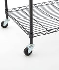 Wire shelving with attached two inch heavy duty caster set of four with rubber stem wheels, includes brakes and non-brake casters for easy installation.
