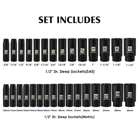 38 Piece One Half Inch Drive Deep Impact Socket Master Set With 10 Inch Quick Release Ratchet And Accessories, SAE And Metric Deep Sockets From Three Eighths To One And A Quarter Inch, 10 To 32 Mm, CR-V Steel, showing SAE and metric sockets