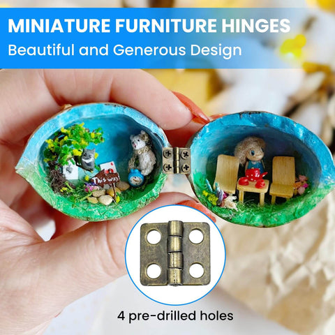 Open miniature scene with furniture inside an egg with 24 Pack Mini Antique Bronze Hinges 13x12mm 180 Degree Rotation inset.