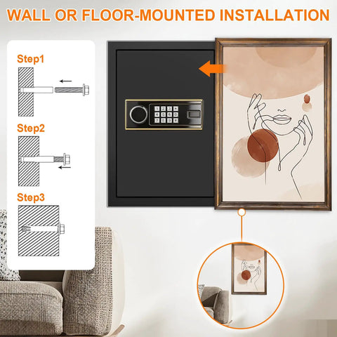 Installation guide for Large 3.4 CuFt Fireproof Safe Box for home, featuring wall-mounted setup with digital keypad and key lock.