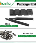 Hicello 3pc pocket chainsaw breaker with knurled handles; includes 10 sets of 3/8-in chain joiner links.