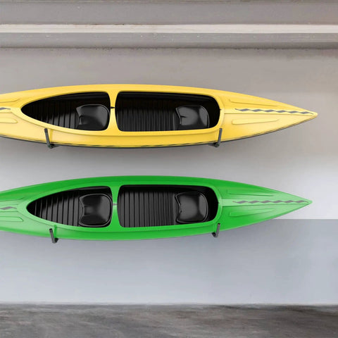 Lightweight Kayak Storage Rack With Wall Mount Hooks For Garage Organization Perfect For Kayaks Paddle Boards Surfboards Canoes Snowboards Ladders And More Space Saver Includes Four Hooks And Fasteners holding yellow and green kayaks