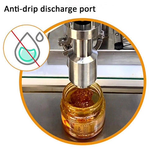 No Fuss Paste Filling Machine With Digital Display And Foot Switch Plug And Play Setup Smooth Operation Built Tough For Small Business Creams Honey And Jam, anti-drip discharge port in use.