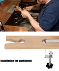 Wooden Jewelers Bench Pin With Heavy Duty C Clamp Slotted Jewelry Work Holder for ring polishing shown on a workbench
