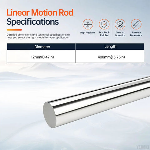 Premium 2 Pack Smooth Linear Motion Rods Shaft Guide Rail 12mm X 400mm C45 Carbon Steel Precision Linear Guide showing specifications.