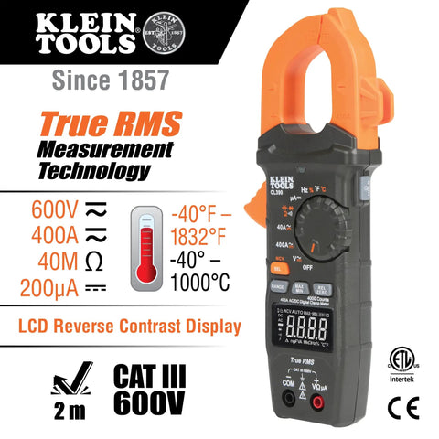 Pro Grade AC DC Digital Clamp Meter With Auto Ranging 400 Amp Capacity Non Contact Voltage Tester Hi Vis LCD TRMS Readouts