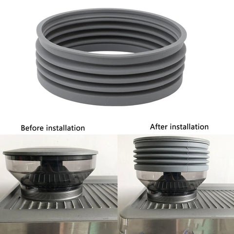 Top Shelf Single Dose Coffee Grinder Bellows Sleeve For Heavy Dust Control In Food Grade Silicone, before and after installation views.