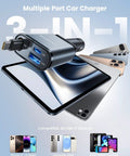 Ultra Slim 57W 3 In 1 USB C Car Charger with retractable design and devices showing compatibility