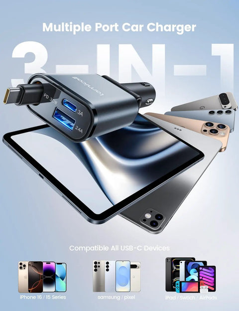 Ultra Slim 57W 3 In 1 USB C Car Charger with retractable design and devices showing compatibility