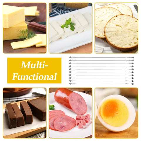 Images of cheese, white block, bread, chocolate, ham, boiled egg, and stainless steel wires, highlighting 10 Pack Cheese Cutter Wires Set.