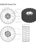 Diagrams and dimensions of All Terrain Tire Kit For TETRIX MAX Robotics, Monster Truck Style Wheels showing size and tread details.