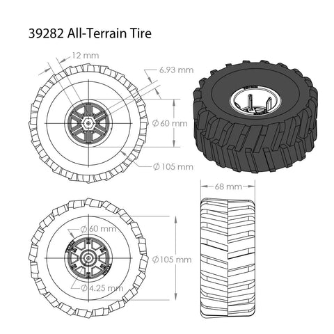 Diagrams and dimensions of All Terrain Tire Kit For TETRIX MAX Robotics, Monster Truck Style Wheels showing size and tread details.