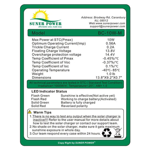 Technical specifications label for 10W 12V Solar Battery Charger Maintainer With Smart MPPT Controller Waterproof Solar Panel Kit