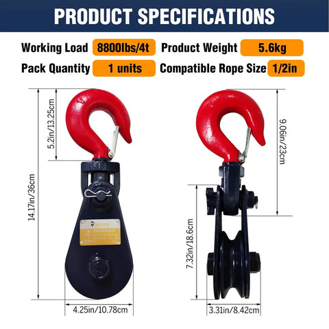 Heavy Duty Beefed Up 2 Ton Snatch Block With Hook For Three Eighth Inch Wire Rope 3 Inch Sheave 4400 Lbs Working Load Snatch Block Pulley For Car Hauler Rollback Wrecker Tow Truck Winch Accessories Two Pack dimensions and specs