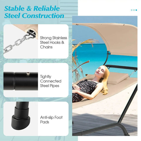 Hanging Hammock Chair With Stand And Canopy For Patio Chillin Cushions And Pillow Included Storage Bag Heavy Duty Swing Bed Beige