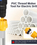 Heavy Duty Pvc Pipe Threader And Tapping Tool For 1 2 Inch To 3 4 Inch Pipes with electric drill attachment and PVC pipes.