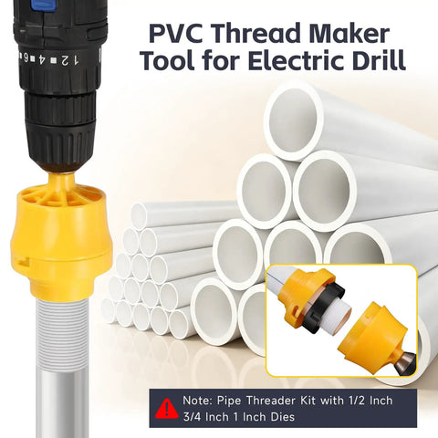 Heavy Duty Pvc Pipe Threader And Tapping Tool For 1 2 Inch To 3 4 Inch Pipes with electric drill attachment and PVC pipes.