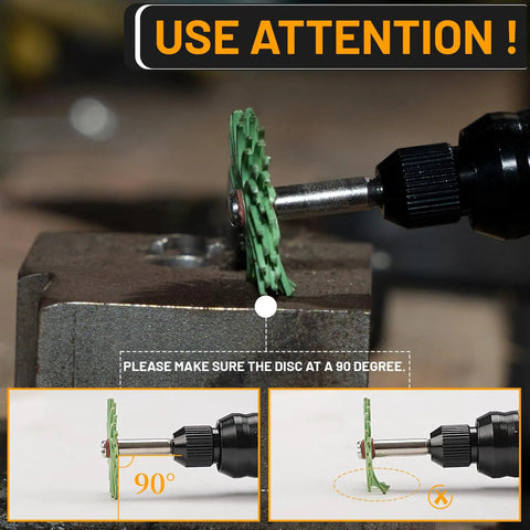 Using 76 Piece 1 Inch Radial Bristle Disc Kit With One Eighth Inch Shank for proper 90-degree angle positioning on rotary tool