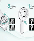 Close-up of 8 Spray Magnetic Dual Shower Head Combo With Handheld Spray, showing spray modes and chrome finish.