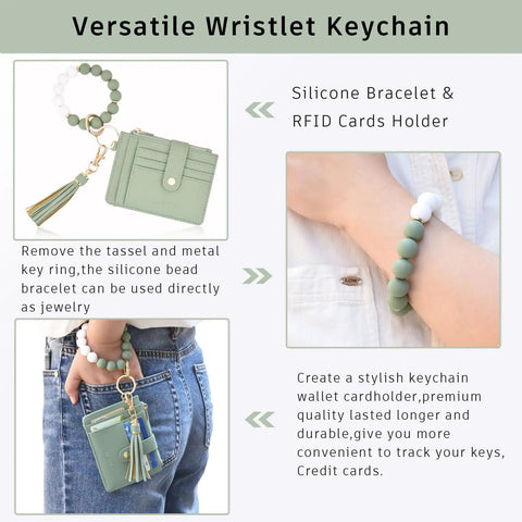 Close-up of green wristlet wallet for women with RFID blocking card holder, zipper coin pocket, silicone beaded bracelet.