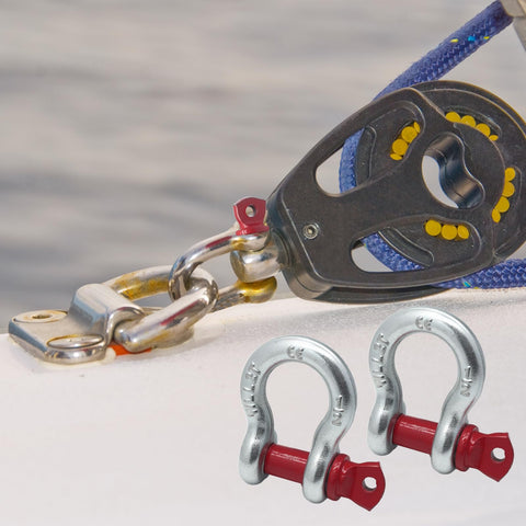 Five Pack Heavy Duty D Ring Anchor Shackles One Half Inch Galvanized Clevis Shackle Screw Pin Two Ton Load Capacity For Tow Straps Winch Traction And Vehicle Recovery Great For Off Road Recovery And Tough Towing Jobs In All Weather shown with pulley and rope