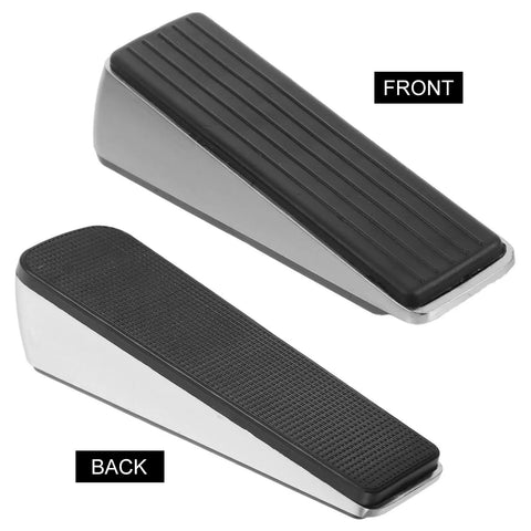 Front and back view of two pack door stop wedges for offices and rooms, beefy and heavy duty with zinc alloy and rubber grip, silver design.