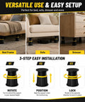 Heavy Duty Adjustable Bed Support Legs Built Tough Keep Your Mattress Frame Slammin Steady Height Tweakable Four Point One To Seven Point Three Inches Two Pack Fits Beds Sofas And Dressers Non Screw Support Posts Hold Everythin Tight installation guide showing use under bed frame, sofa, and dresser.