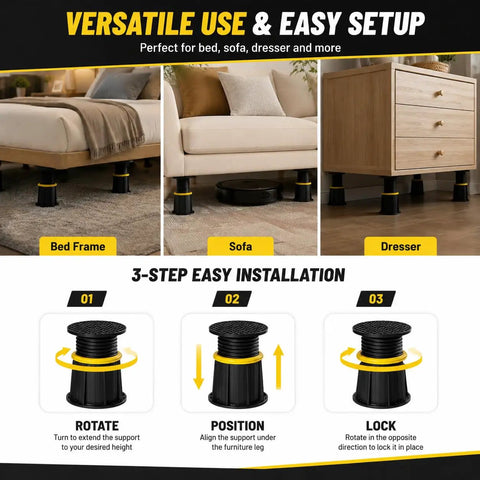Heavy Duty Adjustable Bed Support Legs Built Tough Keep Your Mattress Frame Slammin Steady Height Tweakable Four Point One To Seven Point Three Inches Two Pack Fits Beds Sofas And Dressers Non Screw Support Posts Hold Everythin Tight installation guide showing use under bed frame, sofa, and dresser.