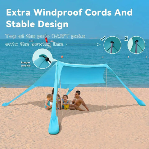 Portable Beach Tent Sun Shelter 7x7ft Shade Canopy UPF50 Sandbags wind-resistant with family on beach, ocean backdrop