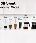 7 serving sizes displayed for 10 cup drip coffee maker with hot and cold multi serve brewer, from 5 oz cup to full carafe.