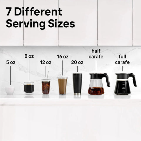 7 serving sizes displayed for 10 cup drip coffee maker with hot and cold multi serve brewer, from 5 oz cup to full carafe.