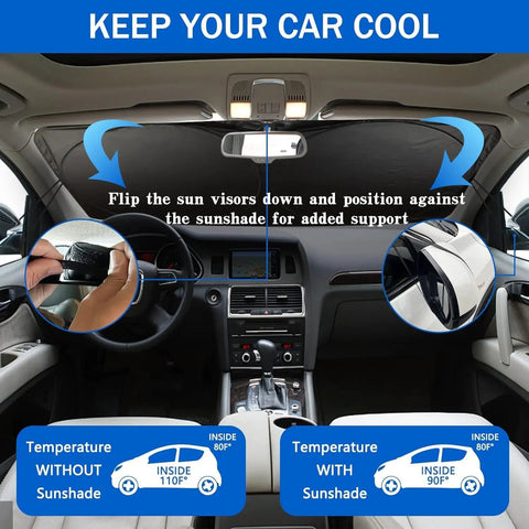 Angry Eyes Windshield Sun Shade For SUVs And Crossovers, 63 X 31.5 Inch Foldable Front Window Shade, UV Heat Protection installed in car.