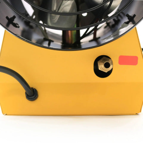Close-up of Heavy Duty 125k BTU Propane Forced Air Heater showing gas connection and power cord for easy setup.