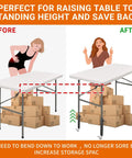 4 Pack Adjustable Table Leg Extenders With Wheels, Heavy Duty Steel Furniture Risers, Quick Setup Design, Rolls Like A Dream, Custom Height Control, Stress Free Upgrade For Desks And Tables before and after table height adjustment illustration.