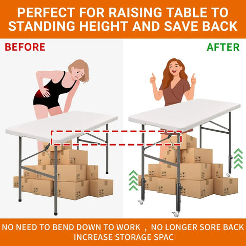 4 Pack Adjustable Table Leg Extenders With Wheels, Heavy Duty Steel Furniture Risers, Quick Setup Design, Rolls Like A Dream, Custom Height Control, Stress Free Upgrade For Desks And Tables before and after table height adjustment illustration.