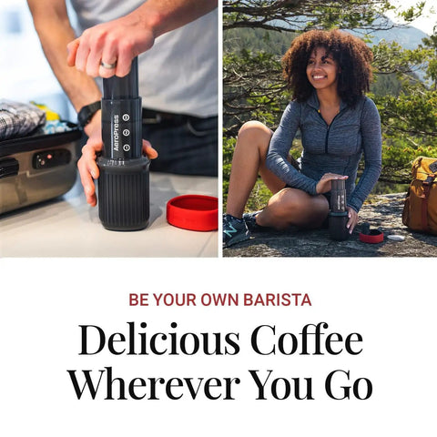 Person using Ultra Portable Travel Coffee Maker Kit For Grab And Go Outdoors All In One French Press Pour Over And Espresso Style Manual Brewer For Camping And Hiking Two Minute Brew For A Less Bitter More Flavorful Cup during outdoor adventure