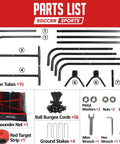 Parts list for 4x7Ft Backyard Lacrosse Rebounder With 5 Angles And Target Strip For Multi Sport Practice, showing tubes, net, stakes, and tools.
