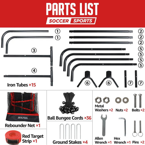 Parts list for 4x7Ft Backyard Lacrosse Rebounder With 5 Angles And Target Strip For Multi Sport Practice, showing tubes, net, stakes, and tools.